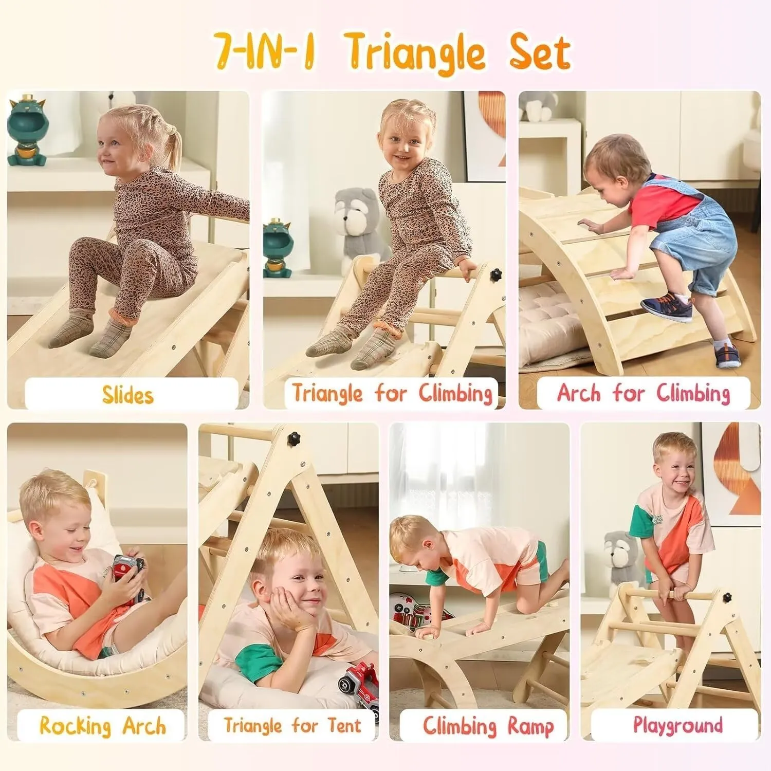 Pikler Triangle Set with Cushion, 7 in 1 Toddler Climbing Toys Indoor, Montessori Foldable Climbing Set, Wooden Climbing Toys for Toddlers 1-3 Inside with Ramp, Arch and Ladder (Nature Wood)