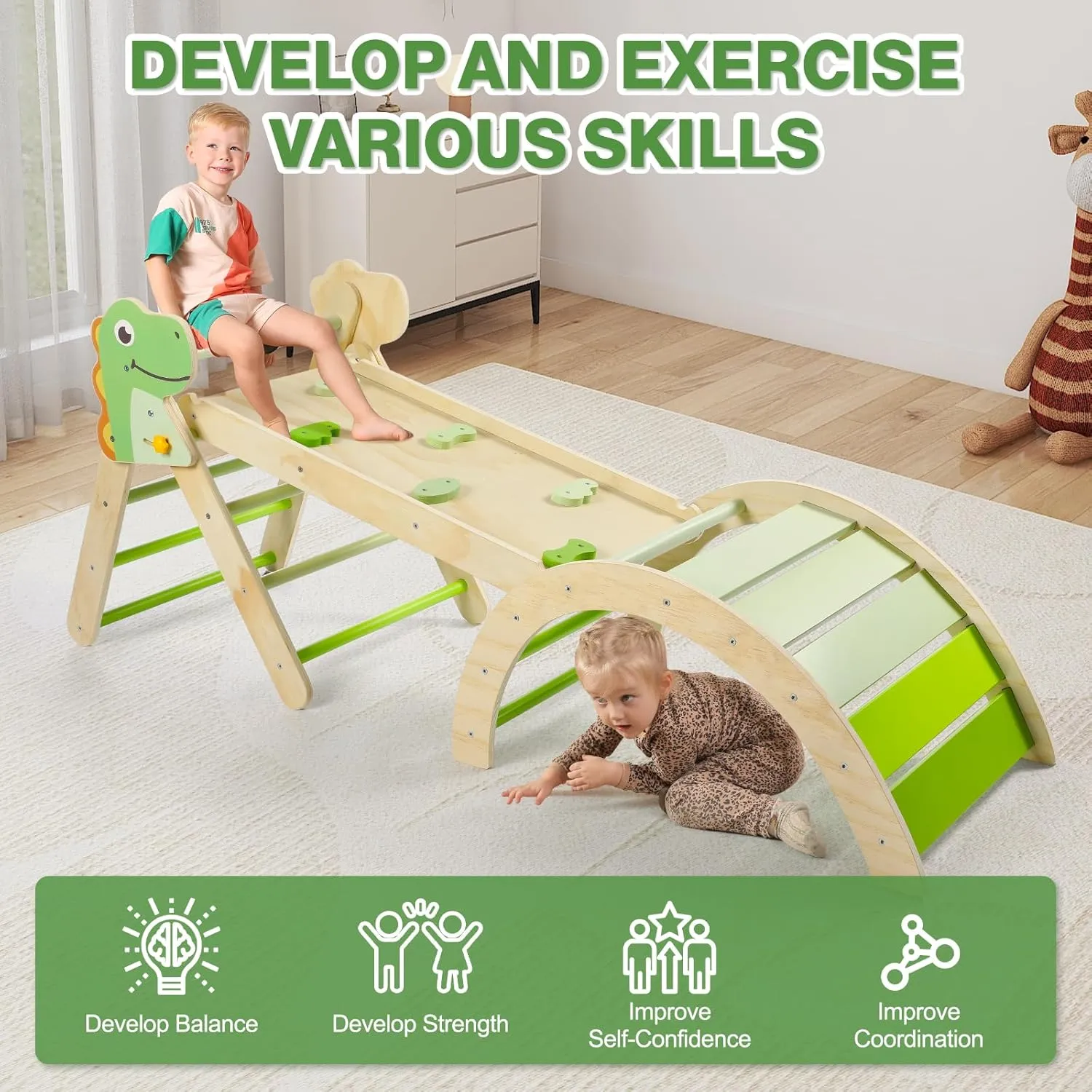 Pikler Triangle Set with Cushion, 7 in 1 Toddler Climbing Toys Indoor, Montessori Foldable Climbing Set, Wooden Climbing Toys for Toddlers Inside with Ramp, Arch and Ladder (Dinosaur)