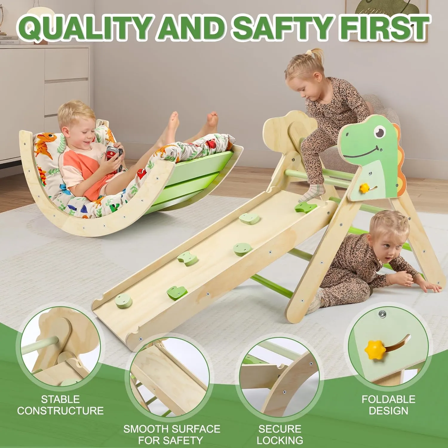 Pikler Triangle Set with Cushion, 7 in 1 Toddler Climbing Toys Indoor, Montessori Foldable Climbing Set, Wooden Climbing Toys for Toddlers Inside with Ramp, Arch and Ladder (Dinosaur)