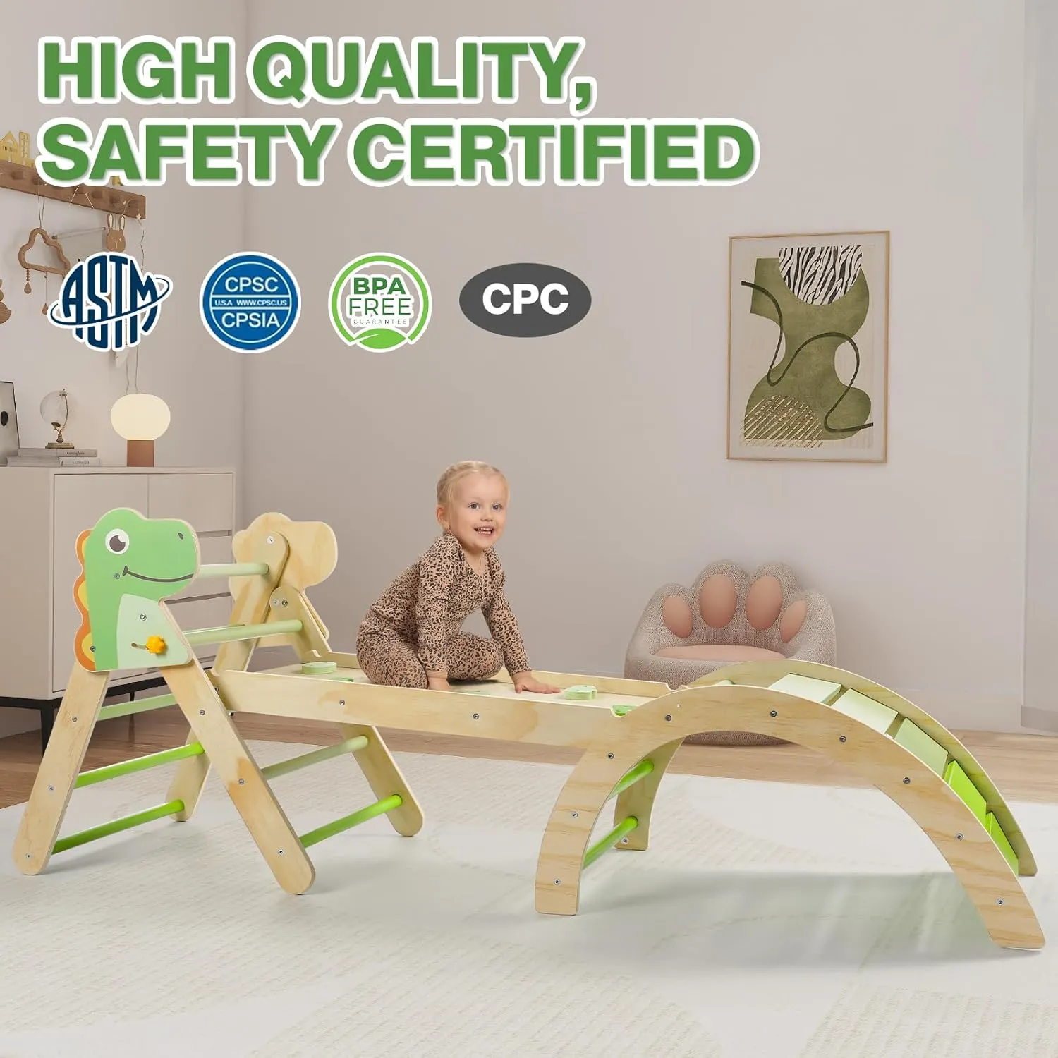 Pikler Triangle Set with Cushion, 7 in 1 Toddler Climbing Toys Indoor, Montessori Foldable Climbing Set, Wooden Climbing Toys for Toddlers Inside with Ramp, Arch and Ladder (Dinosaur)