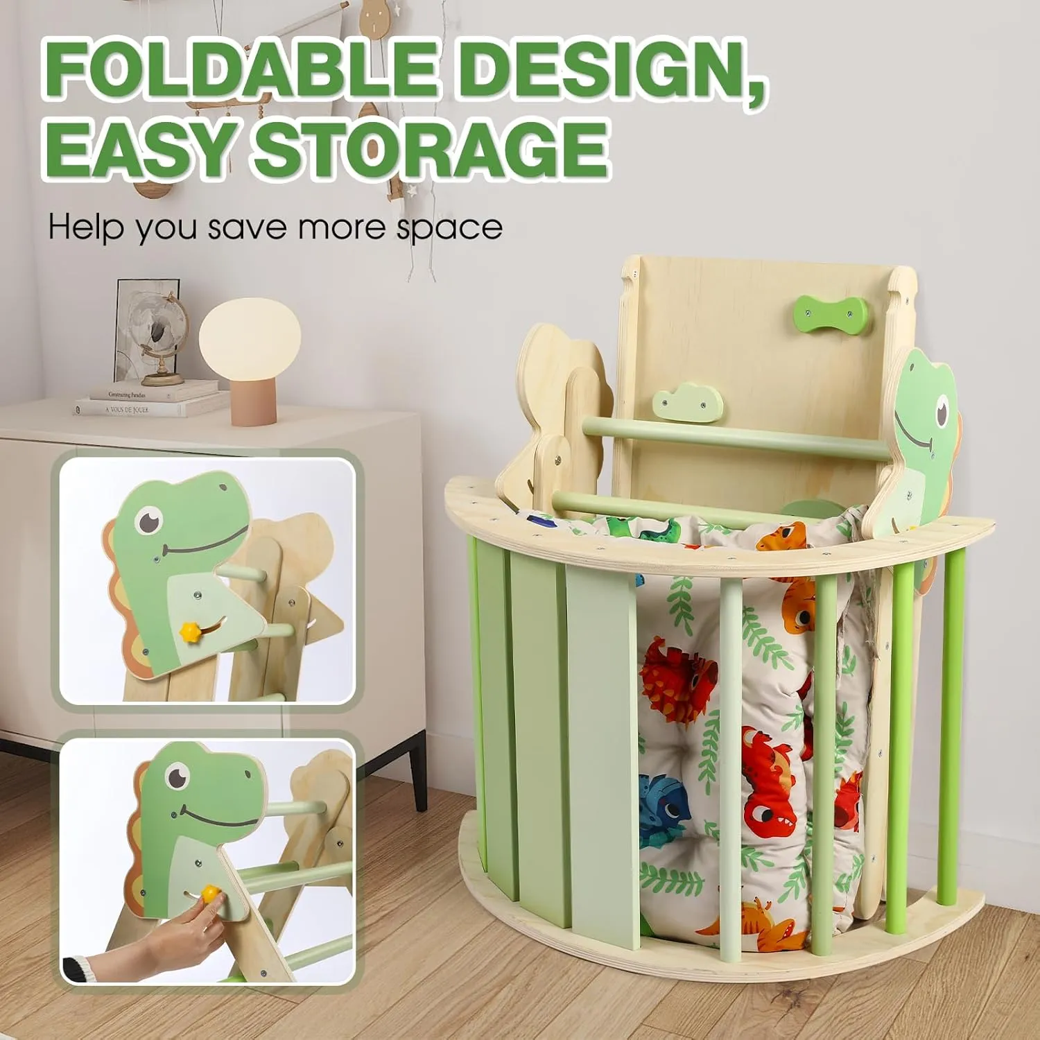 Pikler Triangle Set with Cushion, 7 in 1 Toddler Climbing Toys Indoor, Montessori Foldable Climbing Set, Wooden Climbing Toys for Toddlers Inside with Ramp, Arch and Ladder (Dinosaur)