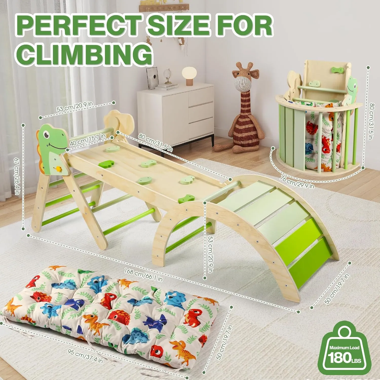 Pikler Triangle Set with Cushion, 7 in 1 Toddler Climbing Toys Indoor, Montessori Foldable Climbing Set, Wooden Climbing Toys for Toddlers Inside with Ramp, Arch and Ladder (Dinosaur)