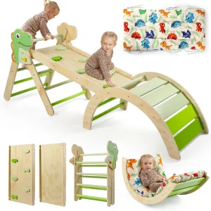 Pikler Triangle Set with Cushion, 7 in 1 Toddler Climbing Toys Indoor, Montessori Foldable Climbing Set, Wooden Climbing Toys for Toddlers Inside with Ramp, Arch and Ladder (Dinosaur)