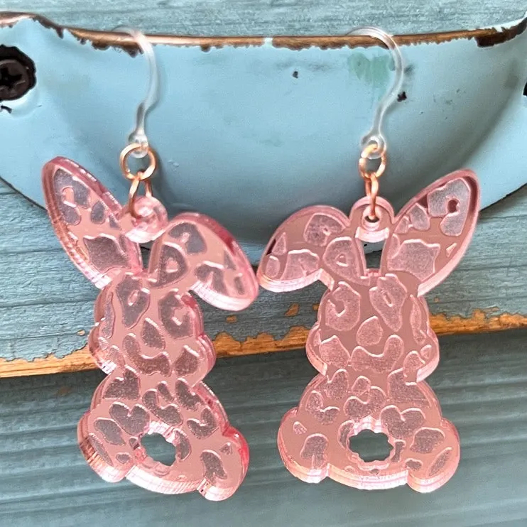 Pink Leopard Cottontail Rabbit Dangles Hypoallergenic Earrings for Sensitive Ears Made with Plastic Posts