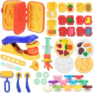 Play Color Dough Tools Set, Deluxe 41PCS Kitchen Creations Accessories Kit, with 12 Cans Dough, Stamper Cookbook Food Mold Roller Cutter Extruder, Gift for Kids Boys Girls Ages 3 