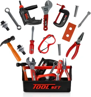 Playkidz Tool Box for Kids 22-Piece Boys & Girls Construction Toy Playset w/Carry Chest, Working Push Button Power Drill, Hammer, Screwdriver, Wrench, Pliers, Saw & Other Realistic Tools Ages 3 