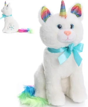 Plush Caticorn Soft Cat Toy Unicorn Stuffed Animal White Meowgical Unicat Rainbow Kitten White Kitty with Rainbow Colored Horn Tail, Great Gift