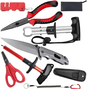 Pocket Fishing Tool Kit, Fishing Knife and Pliers Kit, Fishing Scissors, Fish Lip Gripper, Hook Remover, Sharpener, Sheath, Lanyards, Aboda Fishing Tools - Unique Fishing Gifts for Men (CLASSY8)