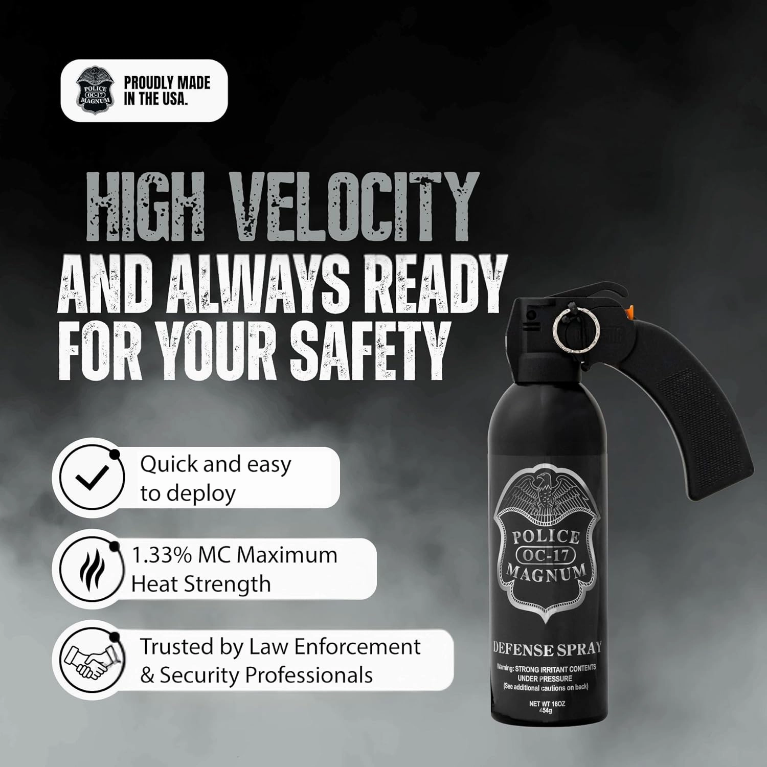 POLICE MAGNUM Large Pepper Spray Home Defense Security- Safe Non Lethal Protection- Powerful 25ft Wide Fog Spray- Made in The USA - 1 Pistol Grip