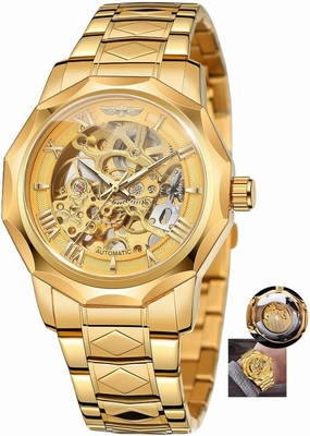 Polygonal Mens Mechanical Watches Fashiona Hollowed Out Automatic Watch Stainless Steel Skeleton Wristwatches Gold Color Relojes