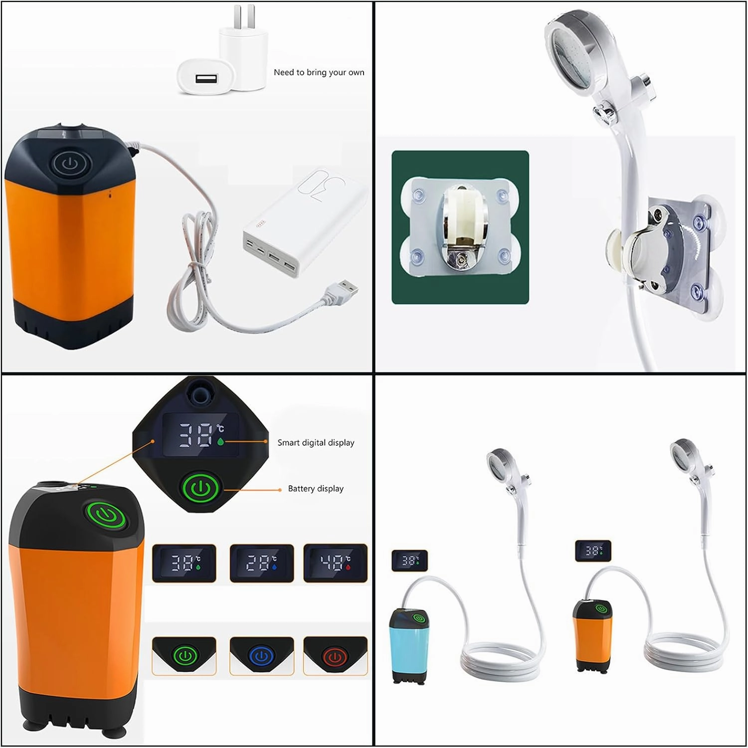 Portable Shower for Camping Outdoor Electric Shower Rechargeable Pumps with Digital Display Camping Shower Head Nozzle
