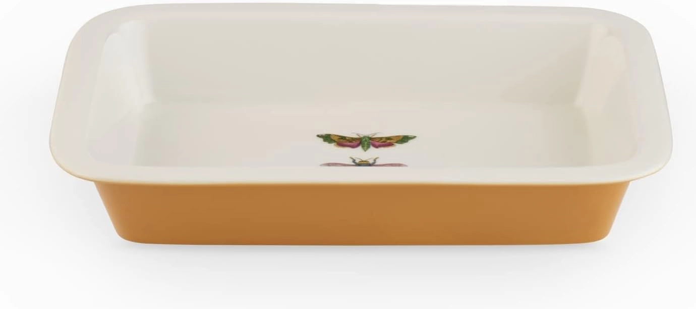 Portmeirion Botanic Garden Harmony 13" Loaf Pan, Amber with Moss Green Butterfly Motif, Durable & Versatile Porcelain Bakeware for Bread, Cookies, Cake - Dishwasher, Microwave, Oven, Freezer Safe