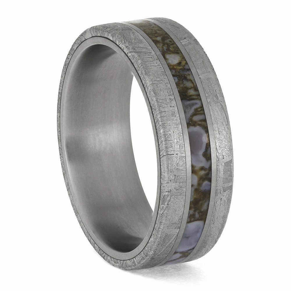Premium Colored Dinosaur Bone Surrounded by Genuine Meteorite on Titanium Band