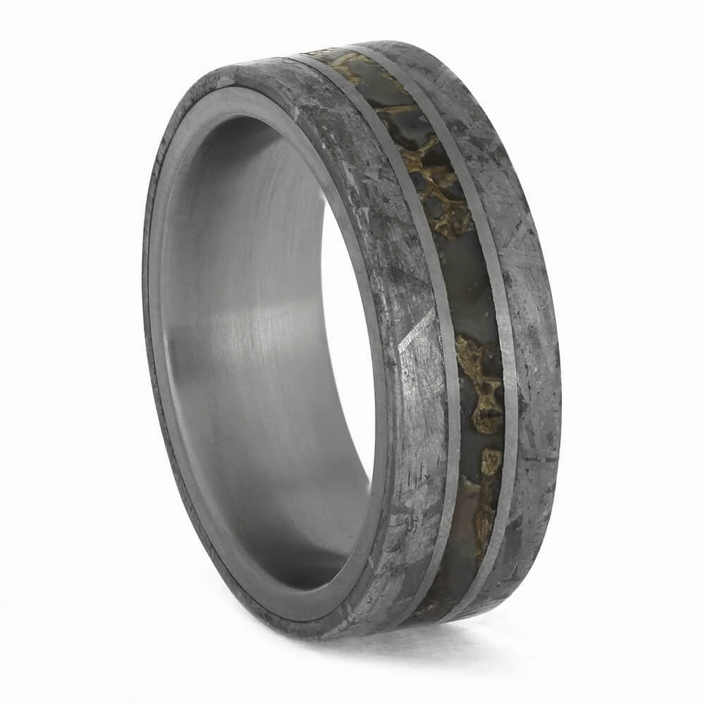 Premium Colored Dinosaur Bone Surrounded by Genuine Meteorite on Titanium Band