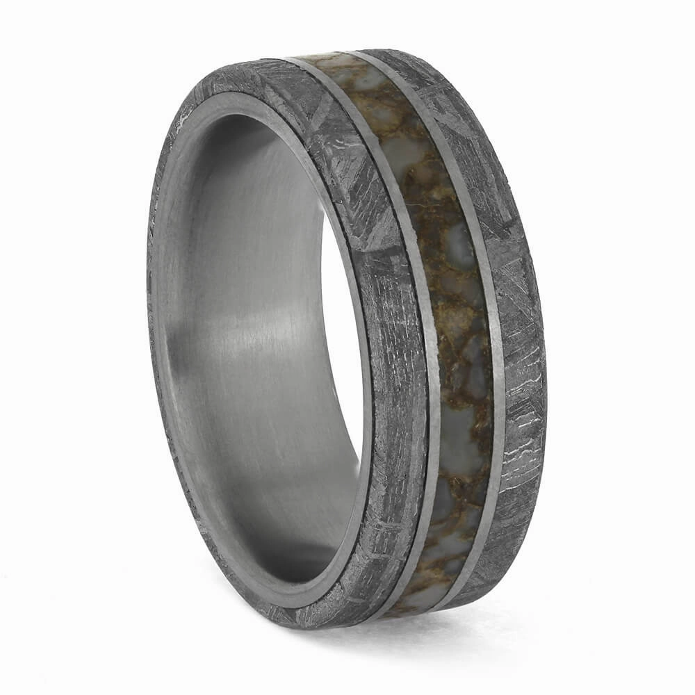 Premium Colored Dinosaur Bone Surrounded by Genuine Meteorite on Titanium Band
