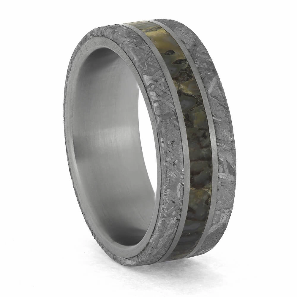 Premium Colored Dinosaur Bone Surrounded by Genuine Meteorite on Titanium Band