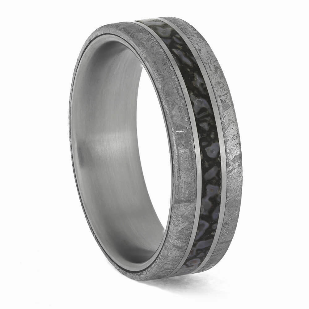 Premium Colored Dinosaur Bone Surrounded by Genuine Meteorite on Titanium Band