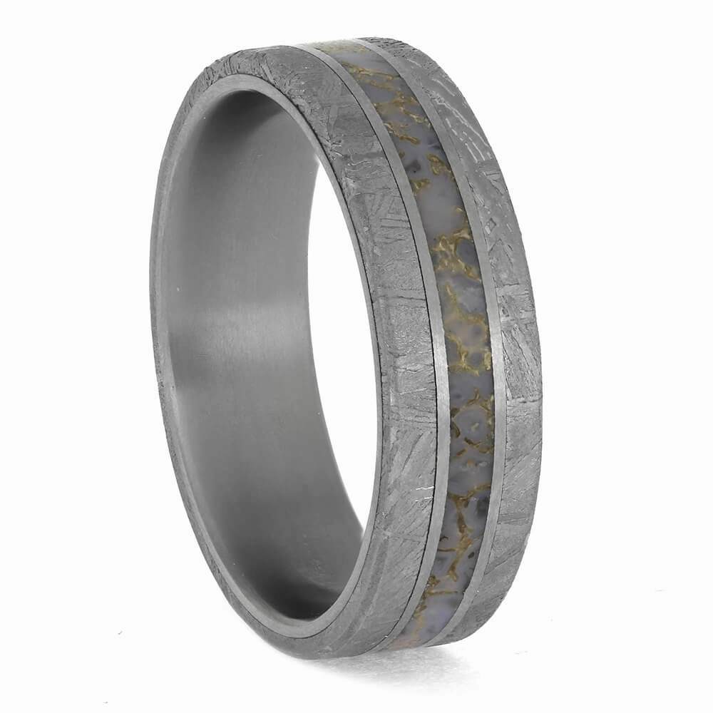 Premium Colored Dinosaur Bone Surrounded by Genuine Meteorite on Titanium Band
