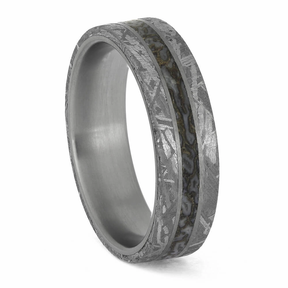 Premium Colored Dinosaur Bone Surrounded by Genuine Meteorite on Titanium Band
