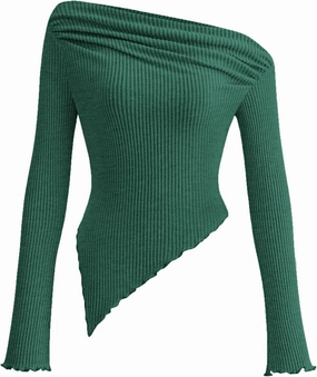PRETTYGARDEN Women's Spring Long Sleeve Y2K Crop Top Trendy Off Shoulder Asymmetrical Fitted Knit Tee Shirts Going Out Tops