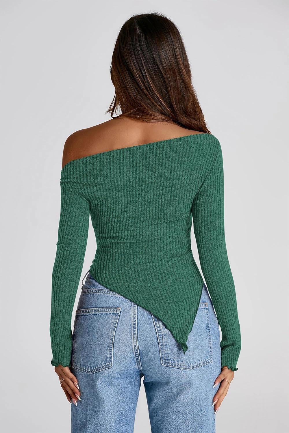 PRETTYGARDEN Women's Spring Long Sleeve Y2K Crop Top Trendy Off Shoulder Asymmetrical Fitted Knit Tee Shirts Going Out Tops