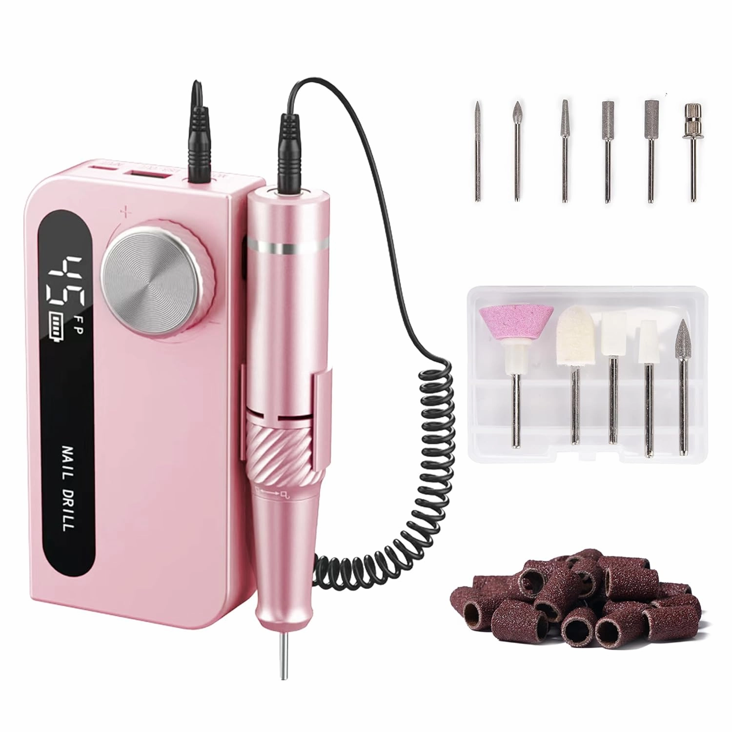 Professional Electric Nail Drill File,Cordless Portable Nail Drill 45000 RPM, Rechargeable Nail File Machine for Acrylic Nails Gel Polishing,Nail Kit for Manicure Salon Home（Pink）