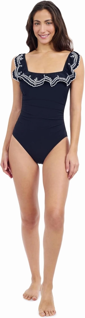 Profile by Gottex Lola Womens Brick Square Neck Laser Ruffle One-Piece Swimsuit with Soft Cups and Back Lining Swim Essential