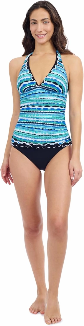 Profile by Gottex Women’s Blue Multicolor Tricolore Halter Neck Detail Tankini with Soft Cups and Full Lining Swim Essential
