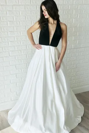 Prom Dress Simple Ivory V Neck Satin Long Evening Dress