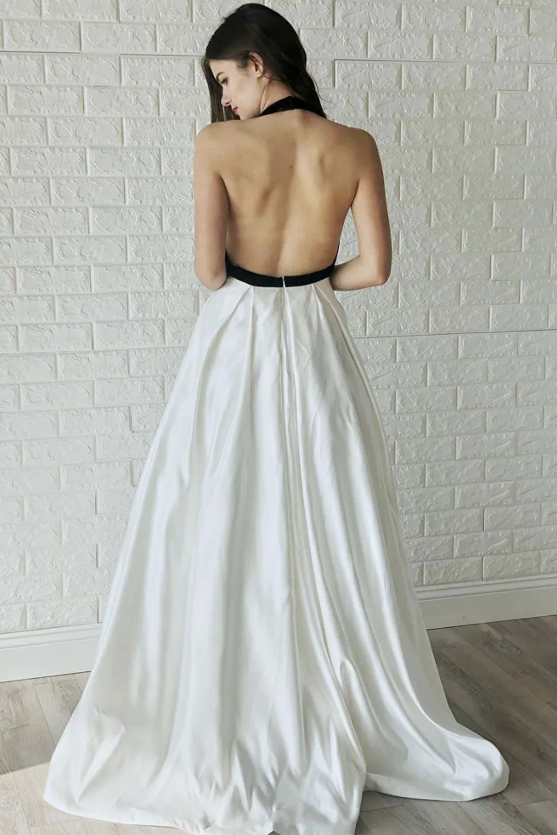 Prom Dress Simple Ivory V Neck Satin Long Evening Dress