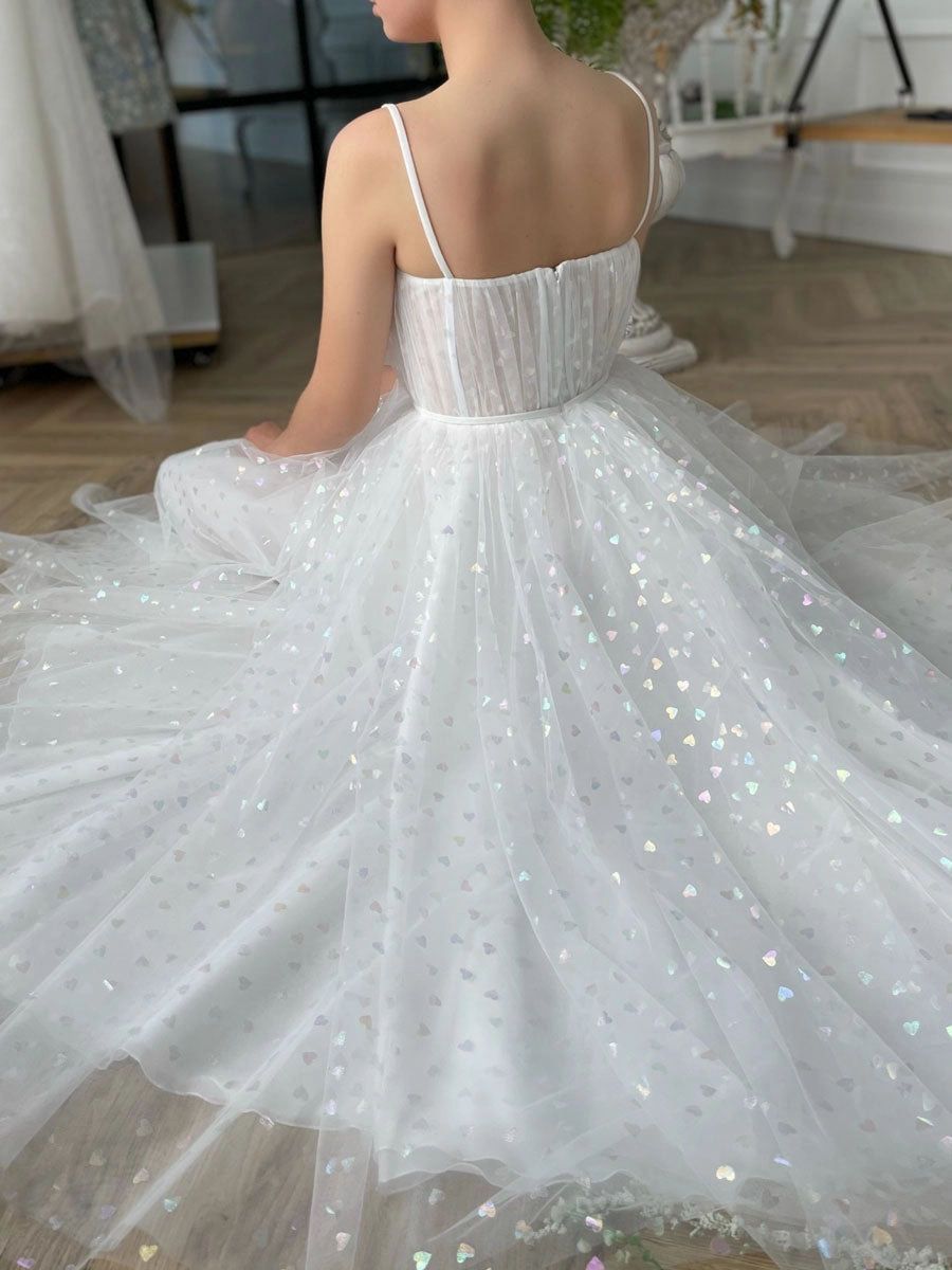 Prom Dress Ivory Sweetheart Neck Tulle Tea Length Evening Gown Evening Dress