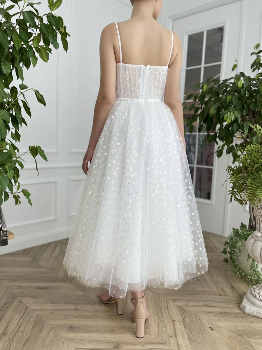 Prom Dress Ivory Sweetheart Neck Tulle Tea Length Evening Gown Evening Dress