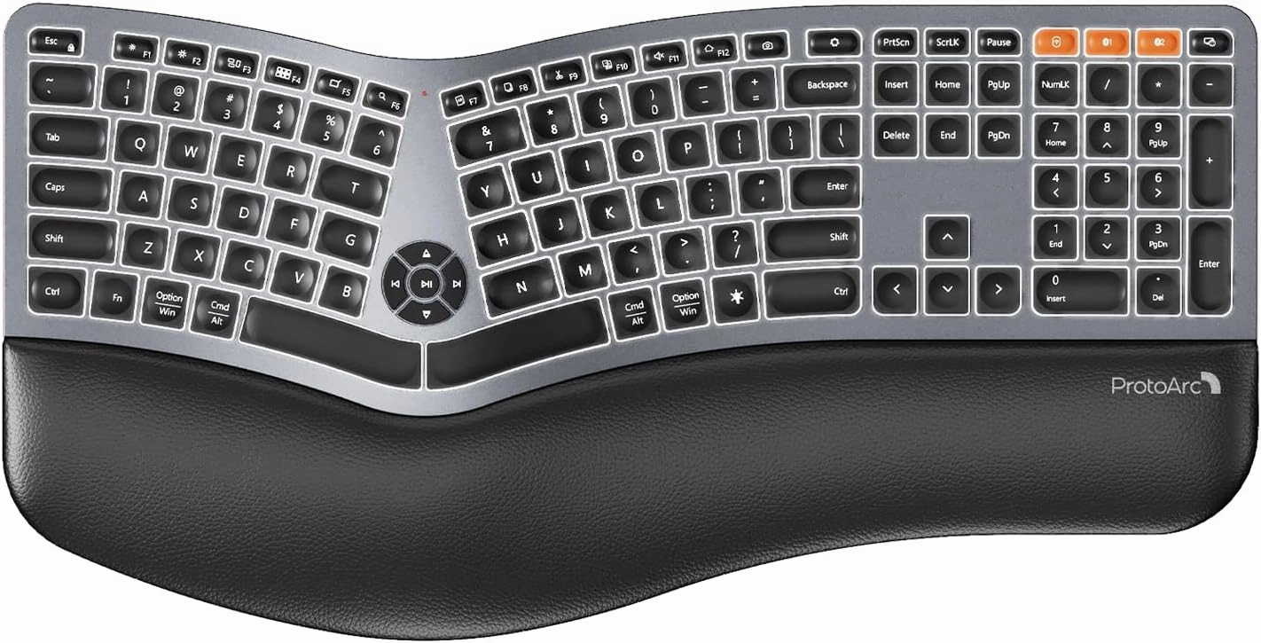 ProtoArc Backlit Bluetooth Ergonomic Keyboard, EK01 Plus Full Size Wireless Split Keyboard with Dual Bluetooth and USB, Cushioned Wrist Rest, Rechargeable, Compatible with Windows/Mac/Android, Grey