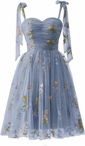 Puffy Sleeve Prom Dresses Flower Embroidery Tulle Backless A-line Lace Formal Evening Party Gown for Women