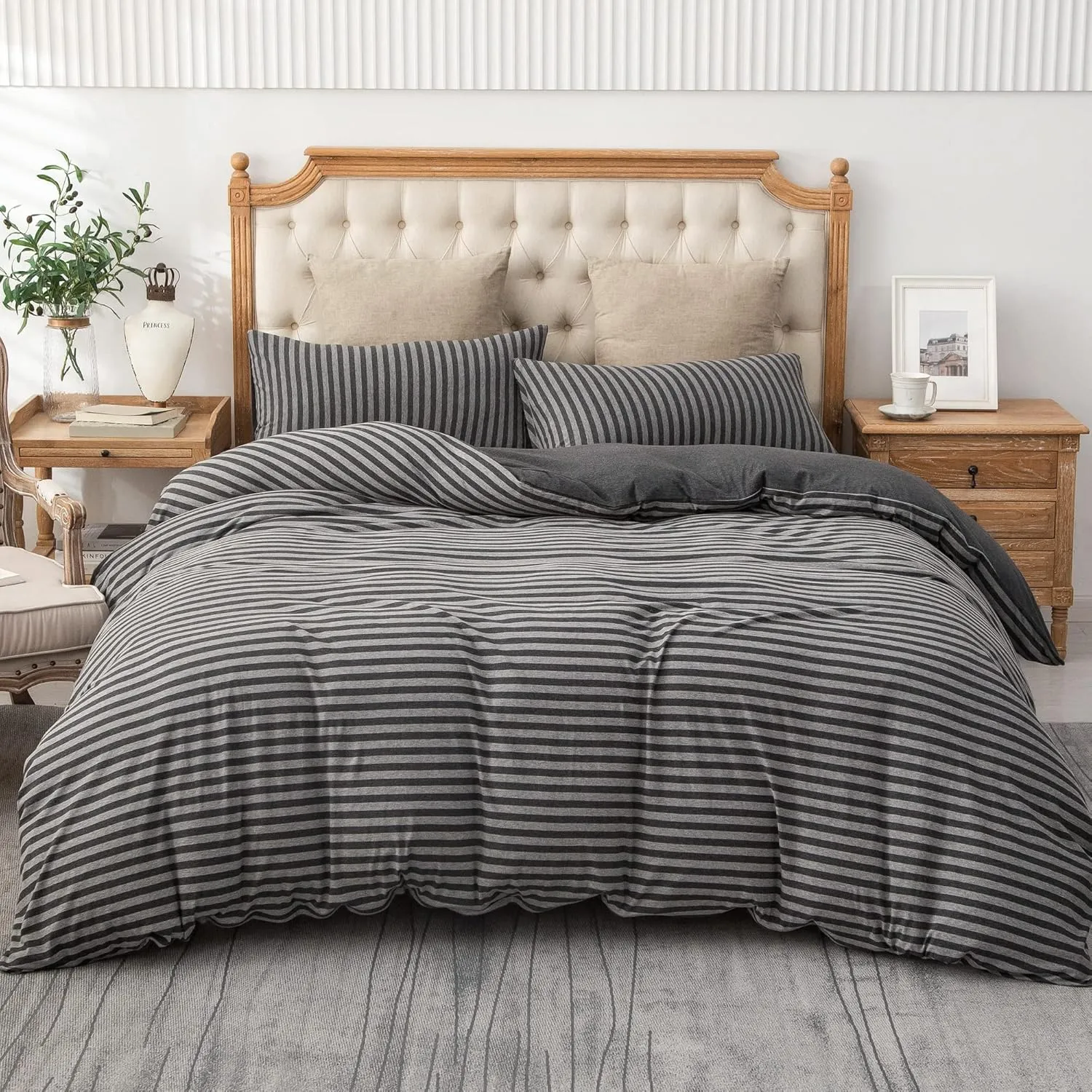 PURE ERA Jersey Knit Duvet Cover Set 100% T-Shirt Heather Cotton Super Soft Comfy Classic Striped Design, with Zipper Closure, Charcoal Dark Grey Stripe, King