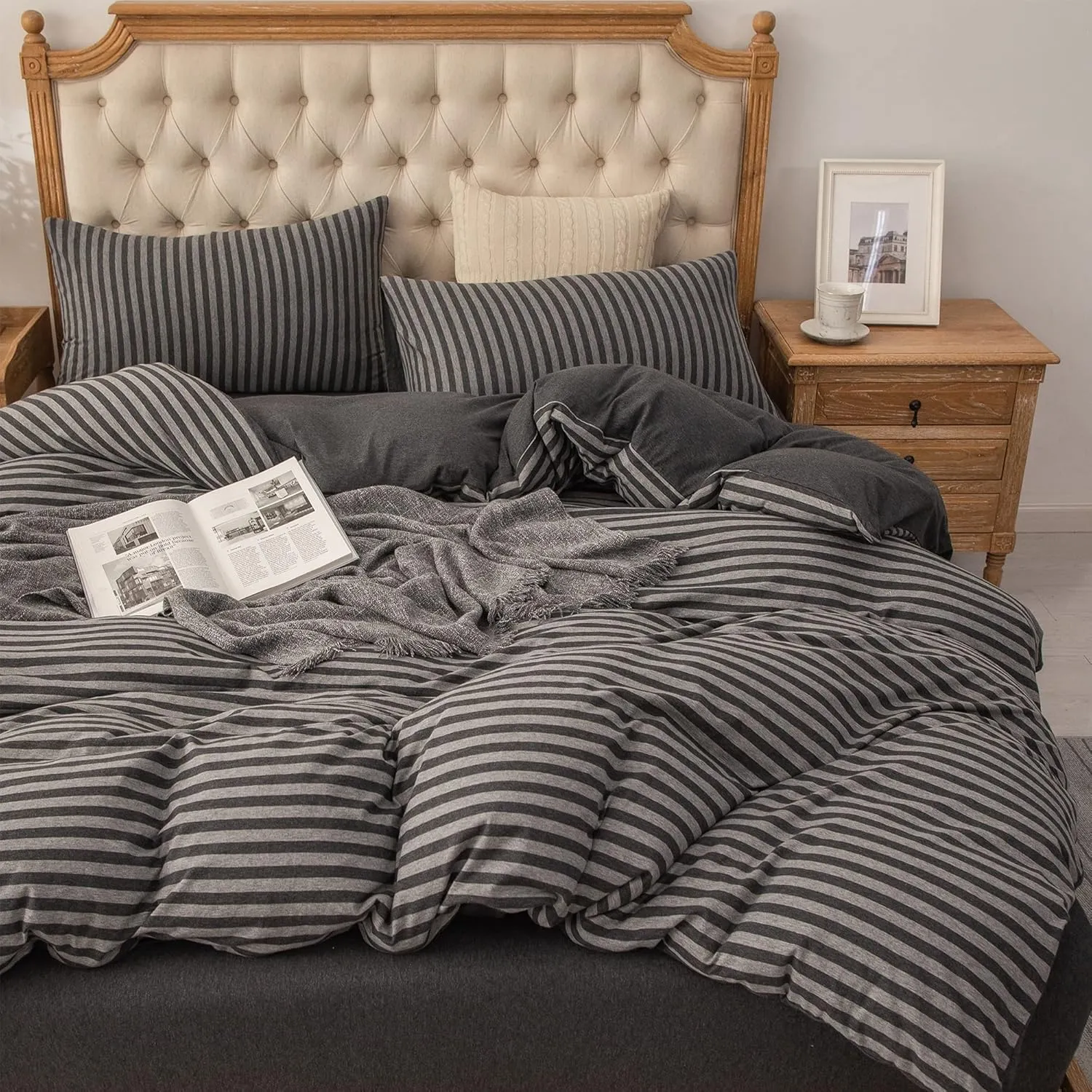 PURE ERA Jersey Knit Duvet Cover Set 100% T-Shirt Heather Cotton Super Soft Comfy Classic Striped Design, with Zipper Closure, Charcoal Dark Grey Stripe, King