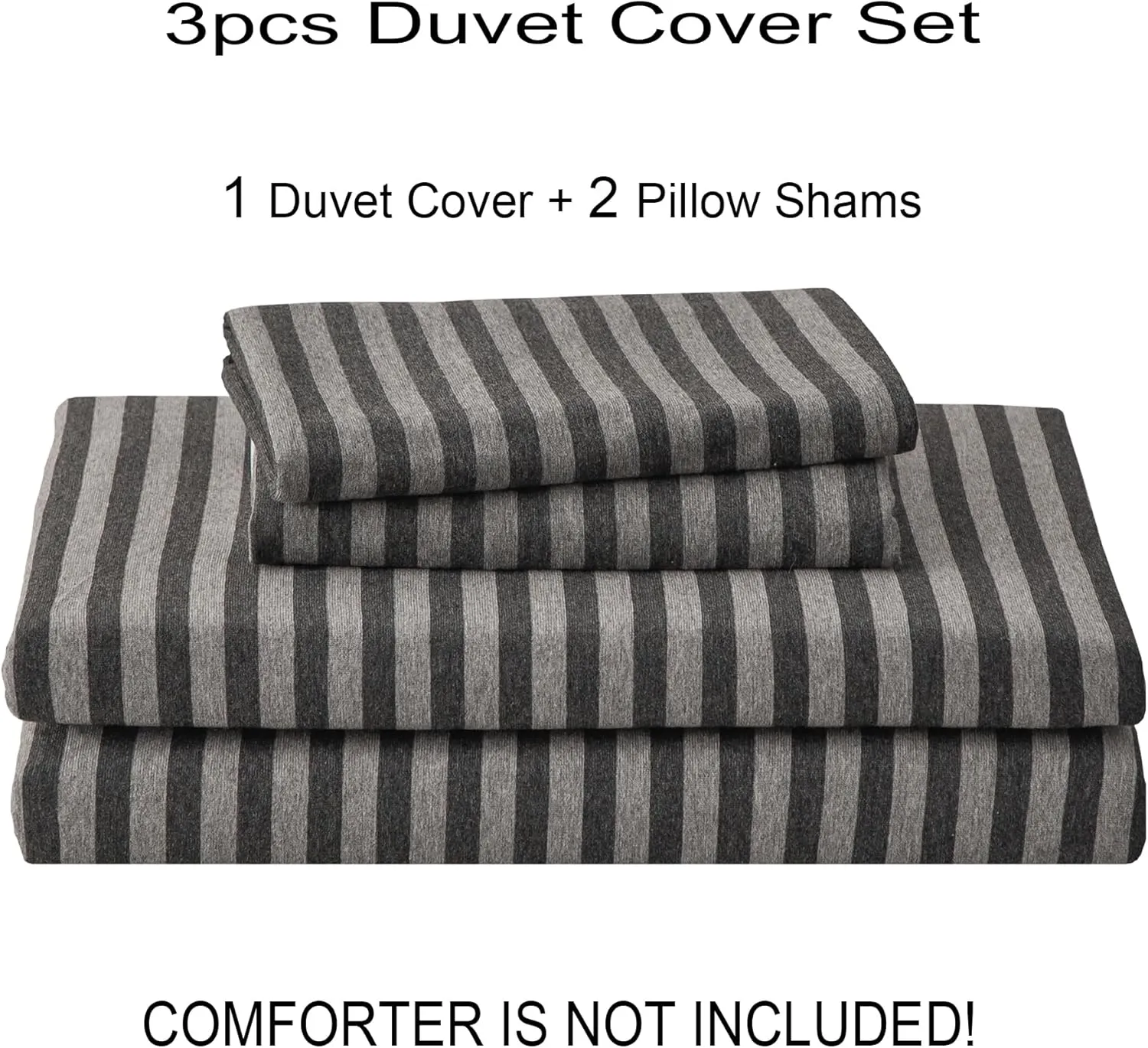 PURE ERA Jersey Knit Duvet Cover Set 100% T-Shirt Heather Cotton Super Soft Comfy Classic Striped Design, with Zipper Closure, Charcoal Dark Grey Stripe, King