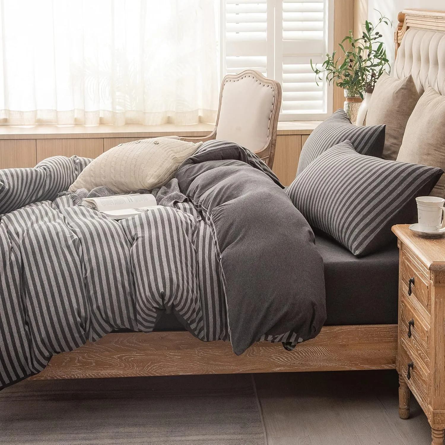 PURE ERA Jersey Knit Duvet Cover Set 100% T-Shirt Heather Cotton Super Soft Comfy Classic Striped Design, with Zipper Closure, Charcoal Dark Grey Stripe, King