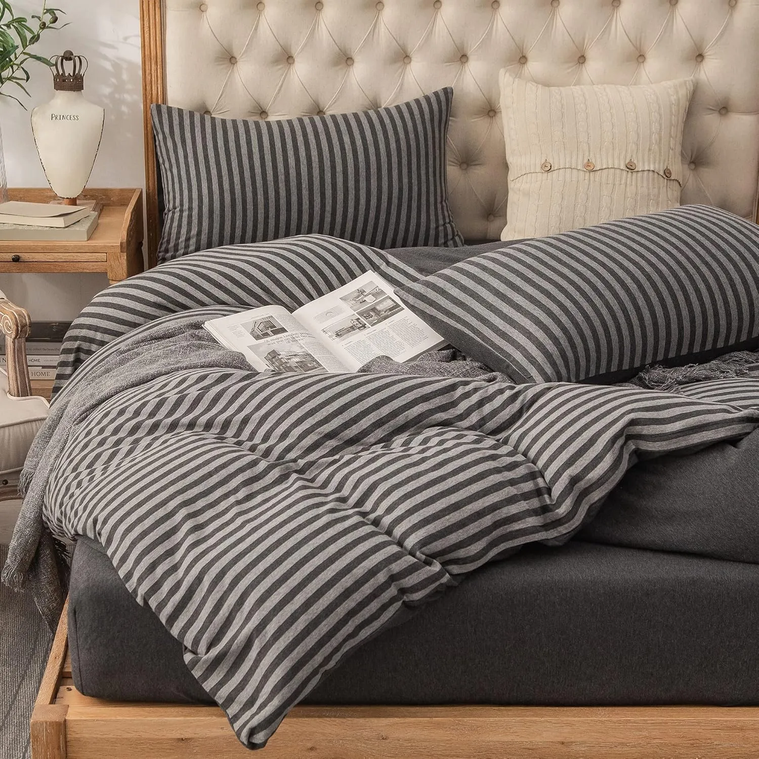 PURE ERA Jersey Knit Duvet Cover Set 100% T-Shirt Heather Cotton Super Soft Comfy Classic Striped Design, with Zipper Closure, Charcoal Dark Grey Stripe, King