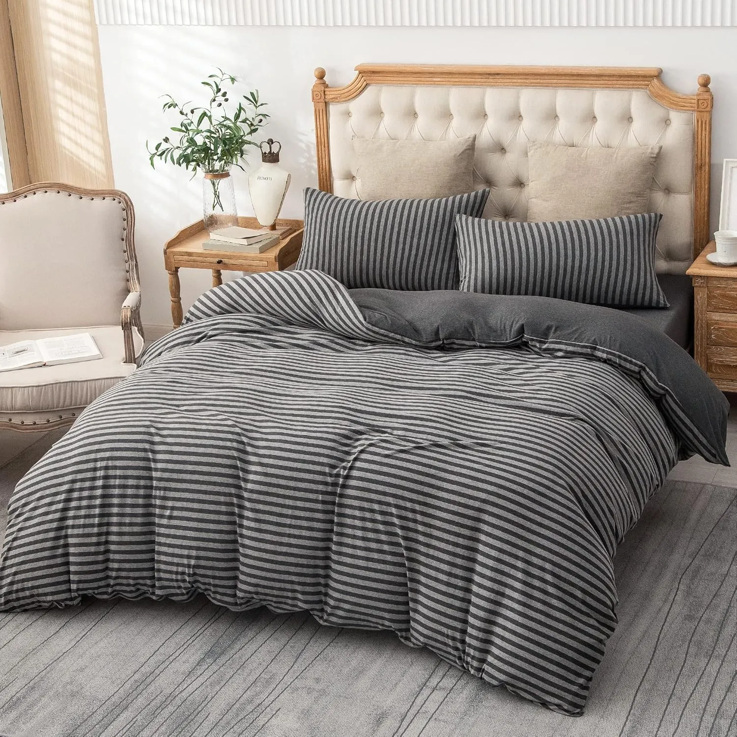 PURE ERA Jersey Knit Duvet Cover Set 100% T-Shirt Heather Cotton Super Soft Comfy Classic Striped Design, with Zipper Closure, Charcoal Dark Grey Stripe, King