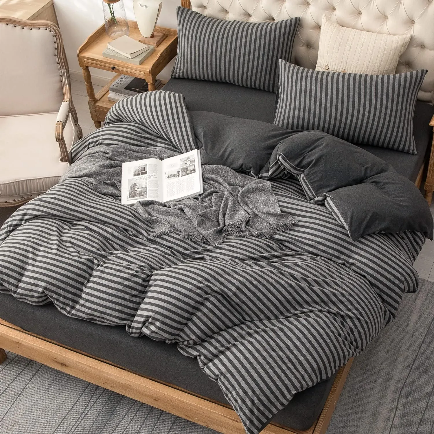 PURE ERA Jersey Knit Duvet Cover Set 100% T-Shirt Heather Cotton Super Soft Comfy Classic Striped Design, with Zipper Closure, Charcoal Dark Grey Stripe, King
