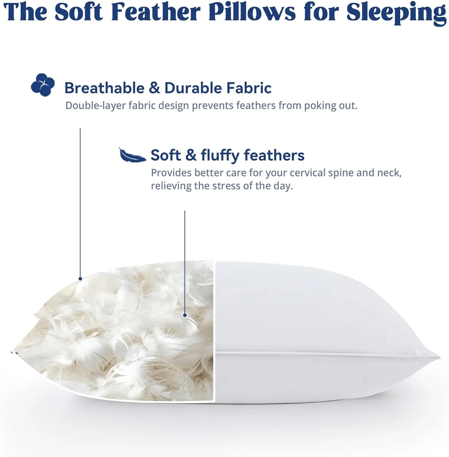 puredown® Goose Feather Down Pillows Standard Size Set of 2, Soft Fluffy Luxury Hotel Collection Bed Pillow for Back, Stomach or Side Sleeper.