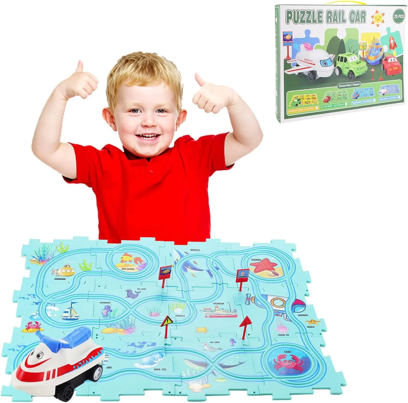 Puzzle Track Play Set, Battery-Operated Toy Vehicles & Plastic Puzzle Board, Educational Toys for Kids, Toddlers Puzzle Rail Car, Montessori Toys Gift for 3 4 5 6 Year Old Boys Girls