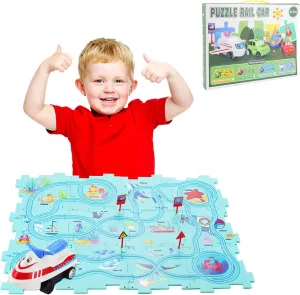 Puzzle Track Play Set, Battery-Operated Toy Vehicles & Plastic Puzzle Board, Educational Toys for Kids, Toddlers Puzzle Rail Car, Montessori Toys Gift for 3 4 5 6 Year Old Boys Girls