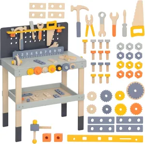 Qaba Kids Wooden Tool Bench, 49 Piece Kids Workbench Playset, Pretend Play Toy Construction Tool Set for Toddlers Age 3-6 Years, Light Blue