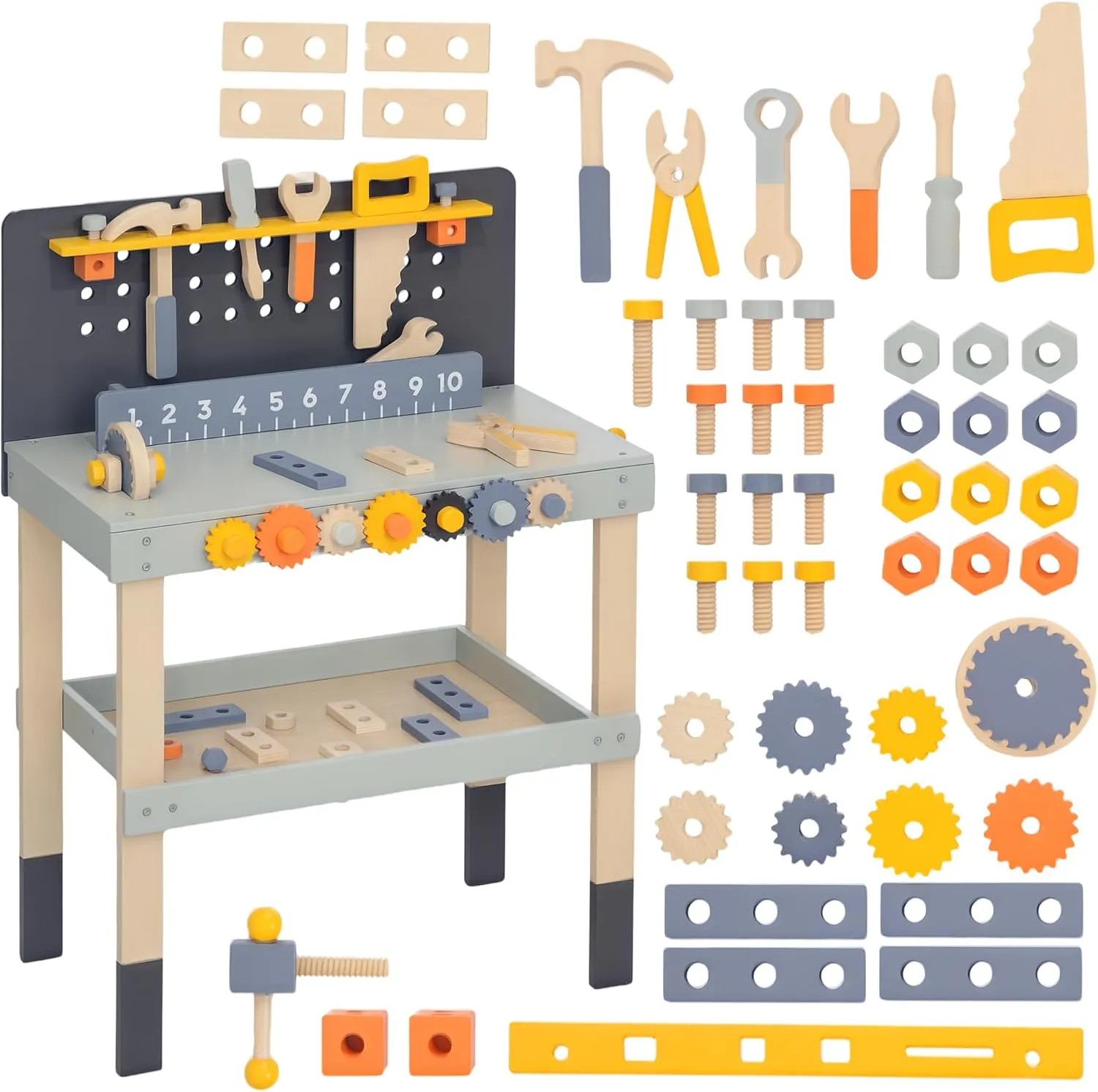 Qaba Kids Wooden Tool Bench, 49 Piece Kids Workbench Playset, Pretend Play Toy Construction Tool Set for Toddlers Age 3-6 Years, Light Blue