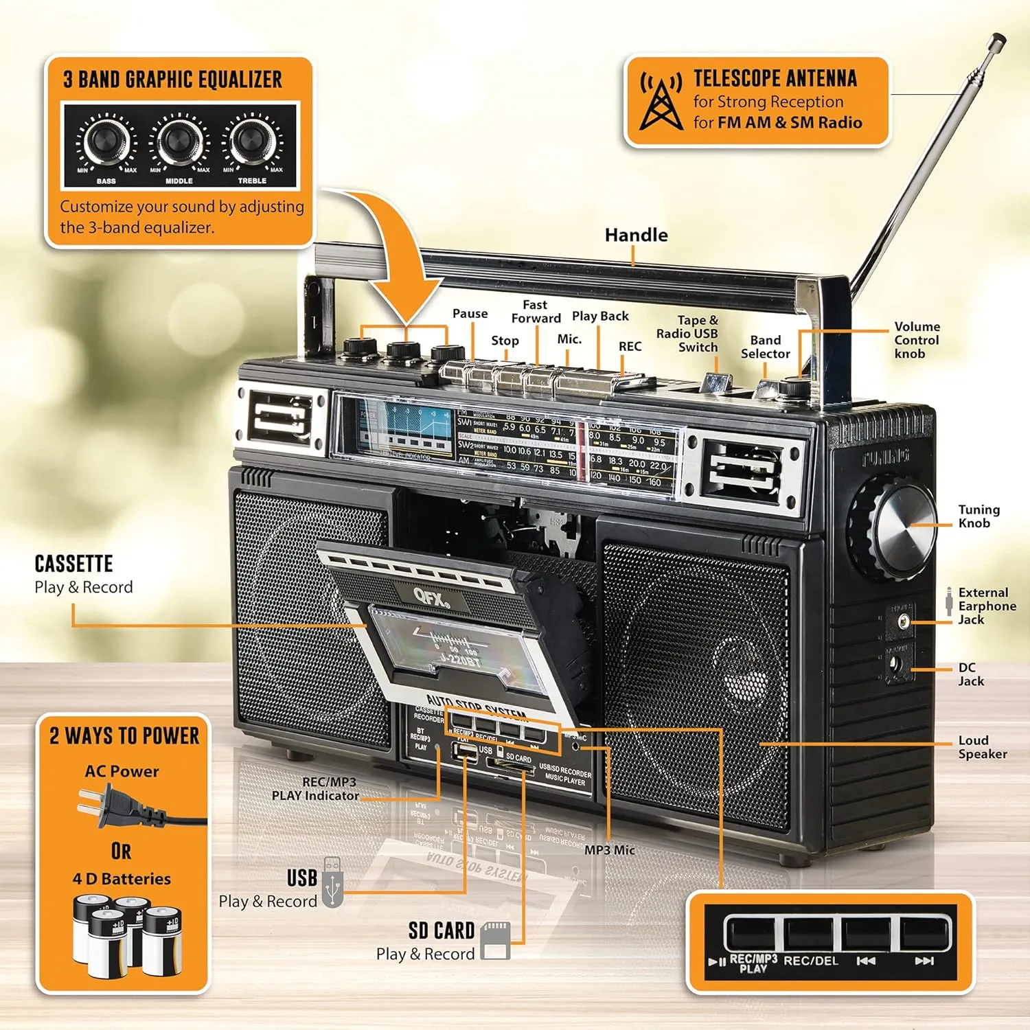 QFX J-220BT Boombox MP3 Conversion from Radio to Cassette with 4-Band (AM, FM, SW1, SW2) Radio with Bluetooth, Rechargeable Battery, Dual 3” Speakers, Built-in Microphone, Recorder, 3-Band Equalizer