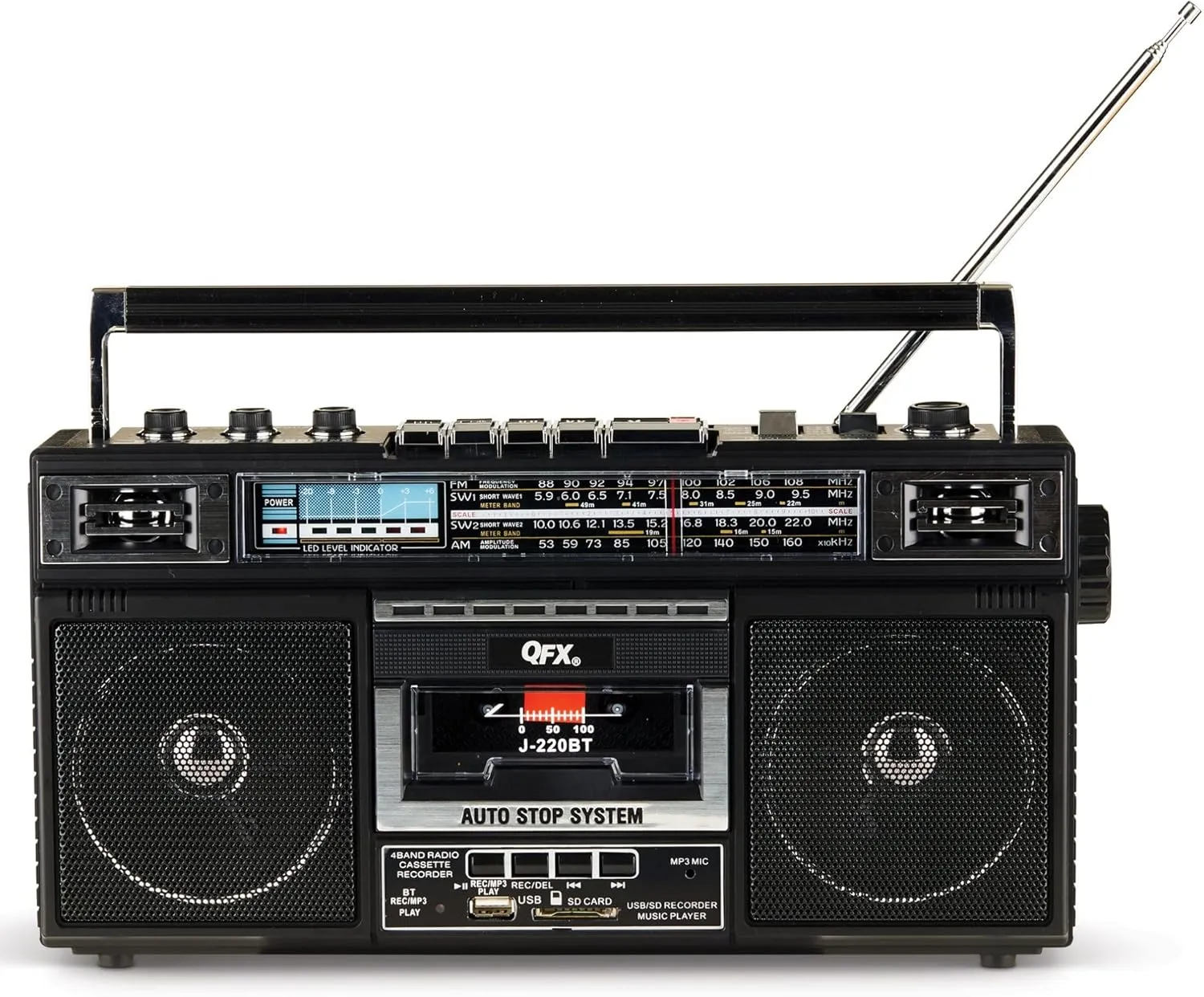 QFX J-220BT Boombox MP3 Conversion from Radio to Cassette with 4-Band (AM, FM, SW1, SW2) Radio with Bluetooth, Rechargeable Battery, Dual 3” Speakers, Built-in Microphone, Recorder, 3-Band Equalizer