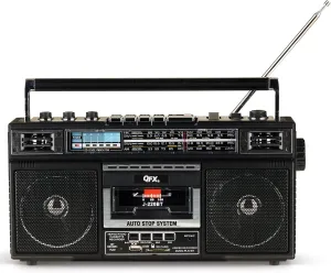 QFX J-220BT Boombox MP3 Conversion from Radio to Cassette with 4-Band (AM, FM, SW1, SW2) Radio with Bluetooth, Rechargeable Battery, Dual 3” Speakers, Built-in Microphone, Recorder, 3-Band Equalizer