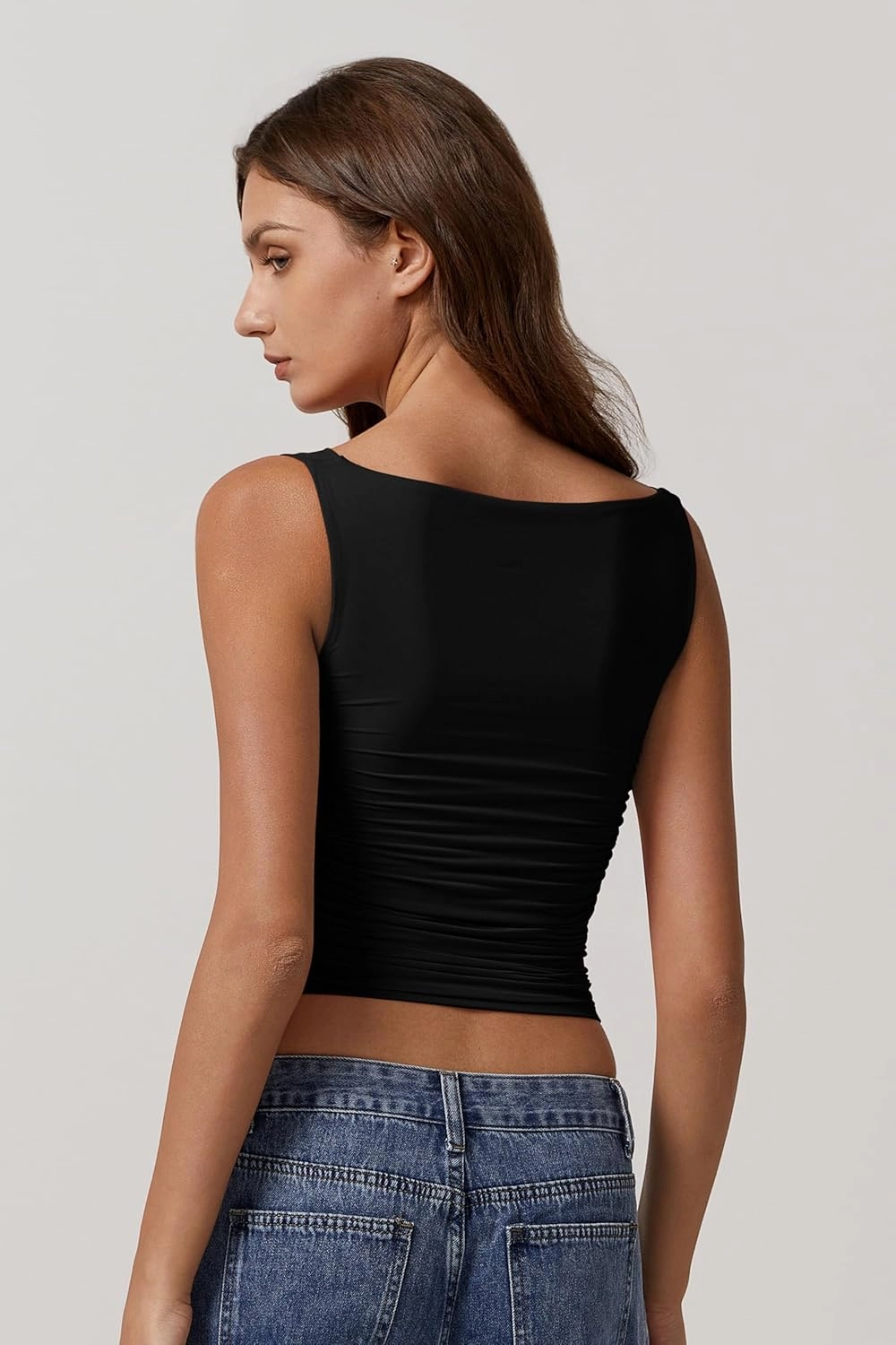 QINSEN Women's Cowl Neck Top Sleeveless Ruched Double Lined Crop Top Y2k T Shirts